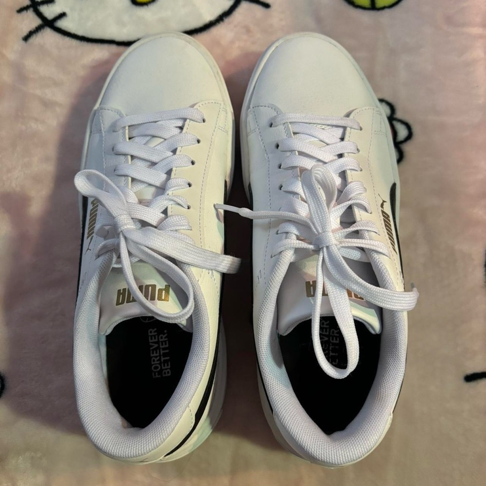 White Puma Shoes with Black and Gold Detail